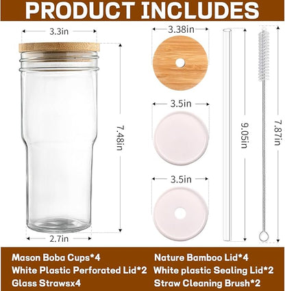 DWTS DANWEITESI Mason Jar with Lid and Straw,24 oz Iced Coffee Cup with Bamboo Lid and Straw,Boba Cups Smoothie Tumbler-Wide Mouth Reusable Glass Cups with Lid and Straws【4 Pack】