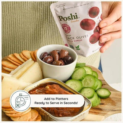 POSHI Black Pitted Pitted Olives - Chili & Garlic | Vegan, Kosher, Gluten Free + Keto Friendly, Fresh, All Natural Low Calorie Healthy Snacks | (30 Pack, 1.1oz Bags)