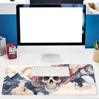 Japanese Skull Desk Mat Watercolor Wave Ocean Art Extended Gaming Mouse Pad Mat with Stitched Edge Non-Slip Base Big Mousepad 31.5"x11.8"