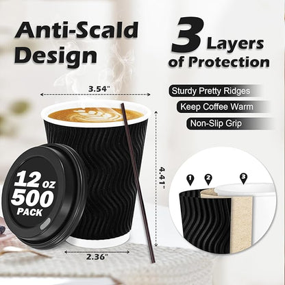 Lamosi 12 oz Disposable Coffee Cups with Lids, 500 Pack Insulated Hot Cups To Go Paper Coffee Cups with Lids and Straws, Corrugated Ripple Wall Cup for Hot Drink, Office, Coffee Bar (Black)