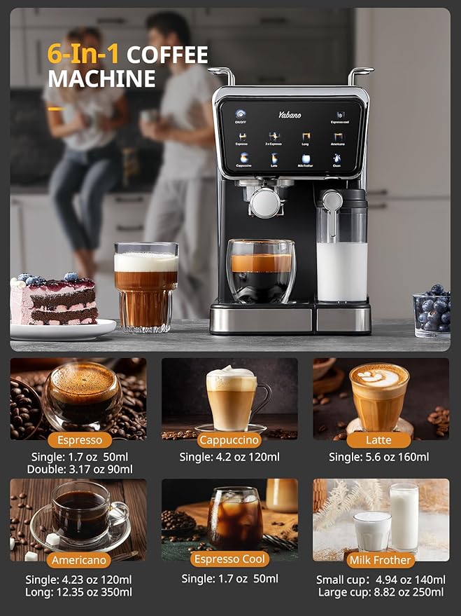 Yabano Espresso Machine with LED Touch Screen, 20 Bar Pressure & Automatic Milk Frother, 1.5L Water Tank, for Cappuccino, Americano & Latte, 1350W