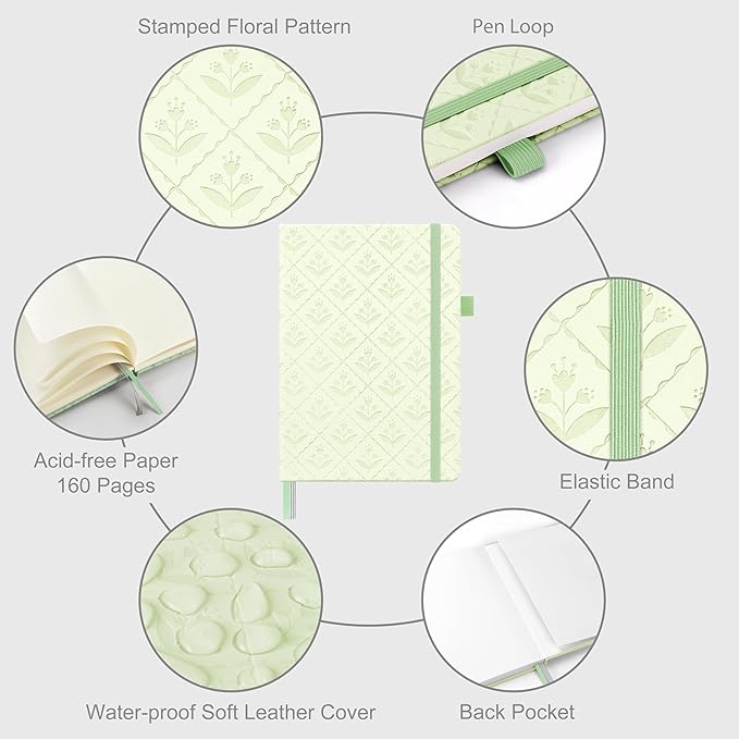 A5 Leather Hardcover, 160 Pages 100GSM Thick Dotted Paper, 3 Sheets of Stickers Included(Light Green)
