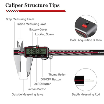 Wireless Digital Caliper, 200mm/8inch Stainless Steel Precision Measuring Tool with Data Output, Inch/MM Conversion, Zero Reset, Auto Off, for DIY, Woodworking, Jewelry Making