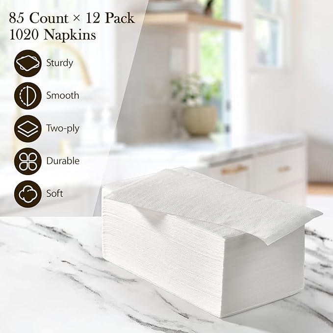 Vplus 1020 Pack Paper Napkins Guest Towels Disposable Premium Quality 2-ply Dinner Napkins Disposable Soft, Absorbent, Party Napkins Wedding Napkins for Kitchen, Parties, Dinners or Events(White)