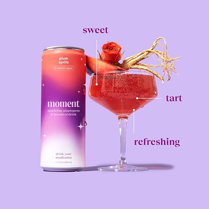 Moment Mocktails Non Alcoholic Drinks (Shark Tank) | SPARKLING Plum Spritz Adaptogen Drink | L-Theanine & Ashwagandha for Calm & Clarity | 0 Added Sugar 0 Caffeine | 12-pack