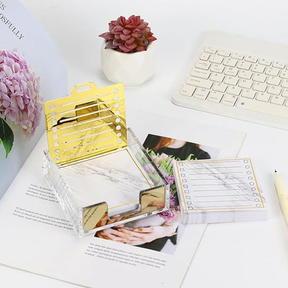 MultiBey Sticky Notes Memo Pad Holder with Stencil, 2 Pads Sticky Notepad 3X3, Gold Clear Post it Note Holder Desk Supplies Organizer Accessories for Office Home Schools(Transparent Gold)