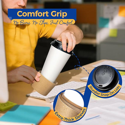 Fit Meal Prep 100 Pack 16 oz Disposable Coffee Cups with Lids, Sleeves, Leak-Proof To Go Coffee Cups with Lids, Durable Paper Cups for Hot Beverage, Home, Office, Party