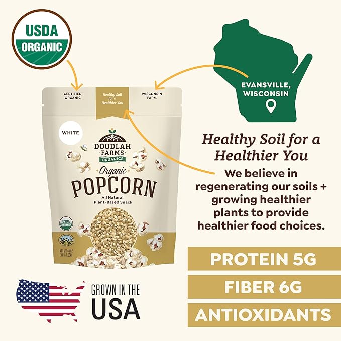 Organic White Popcorn Kernels Unpopped 25 lb Bulk - Healthy, Non-GMO, Gluten-Free, Pesticide-Free, Chemical-Free, Glyphosate-Free, Grown in Regenerative Soil in Wisconsin USA by Doudlah Farms