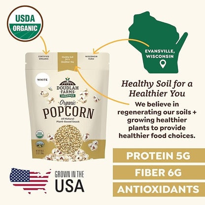 Organic White Popcorn Kernels Unpopped 25 lb Bulk - Healthy, Non-GMO, Gluten-Free, Pesticide-Free, Chemical-Free, Glyphosate-Free, Grown in Regenerative Soil in Wisconsin USA by Doudlah Farms