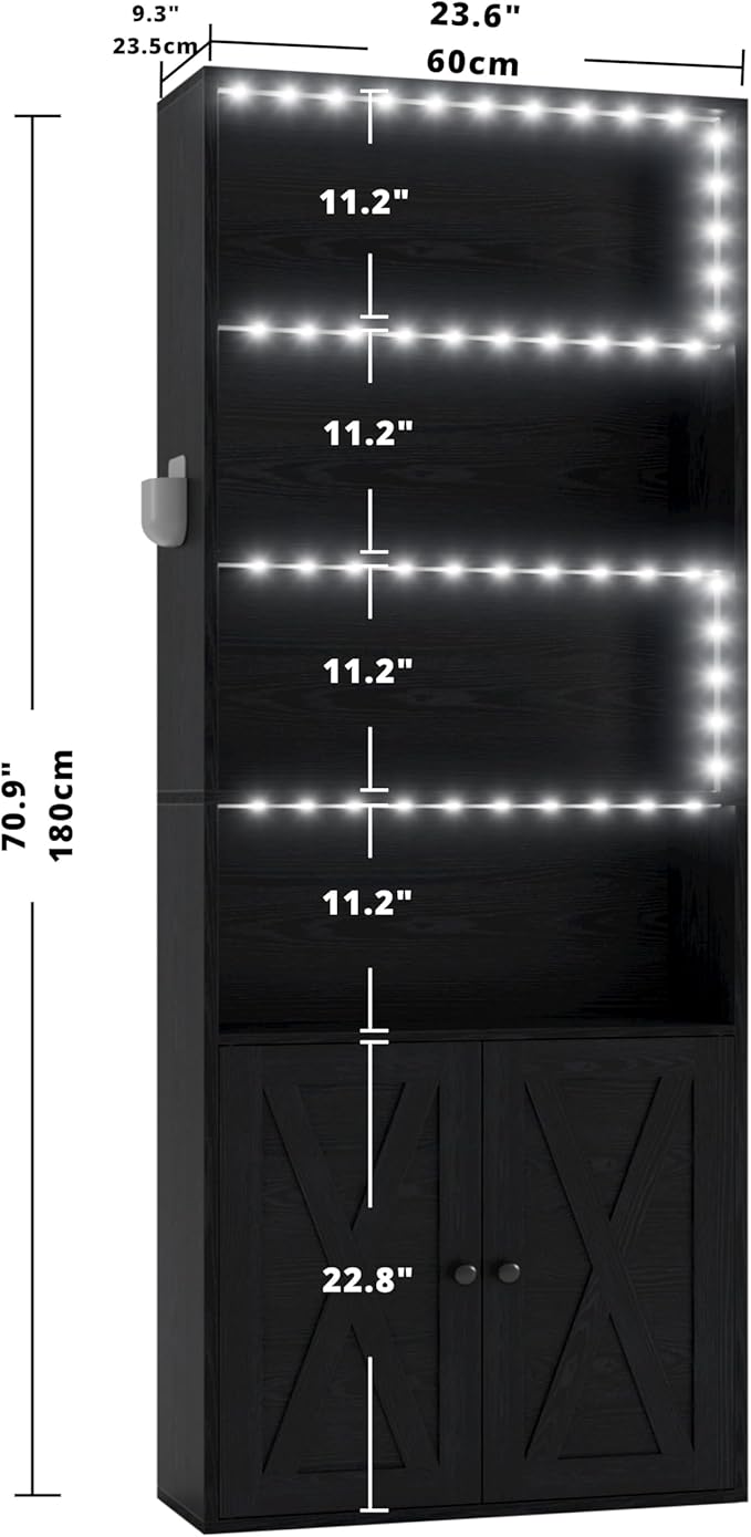 IRONCK Tall Bookcase with LED Lights, 70 in Industrial Bookshelves and Bookcases with Doors, 6 Shelf Display Storage Shelves Floor Standing for Home Office, Living Room, Bedroom