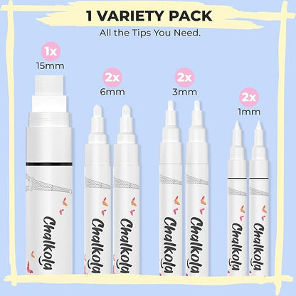 Chalkola 7 White Chalk Markers for Blackboard, Chalkboard Signs, Car Window, Bistro, Glass | Washable Fine Tip, Bold & Jumbo Size Dry Erase Liquid Chalk Pens Erasable (1mm, 3mm, 6mm, 15mm)
