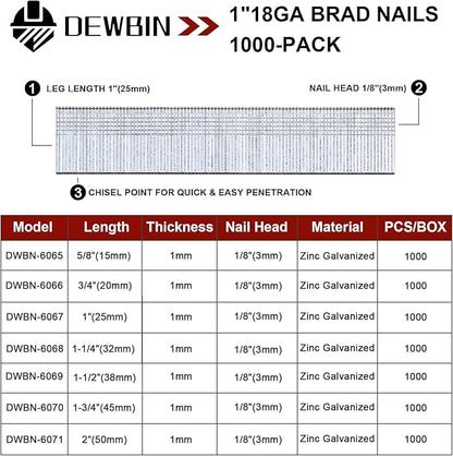 18 Gauge Brad Nails, 1000 Counts 1-inch 18 GA Brad Nails, Galvanized Nails for Nail Gun, Finishing Nail Gun Nails for Pneumatic, Electric Brad Nailer Gun
