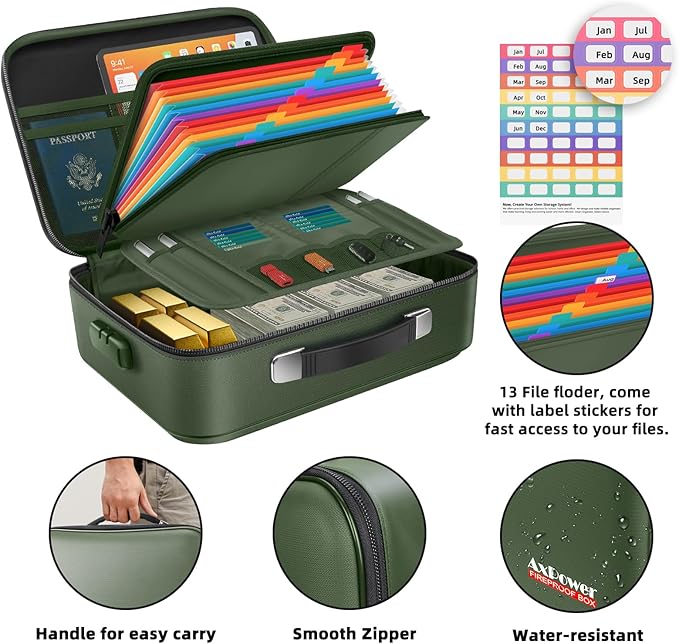 Fireproof Document Box Hard Case With Lock, Multi-Layer Fire Proof Water Resistant Safe Box File Organizer Bag With Small Money Bag for Important Documents Passport Certificates Laptop (Green)