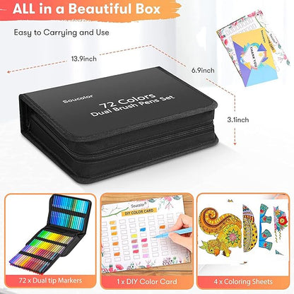 Soucolor Art Supplies for Adults Kids, 72 Colors Dual Tip Brush Fine Tip Markers, Art Kit Drawing Set with Art Case Coloring Set, Art Set for Kids, Kids Art Supplies for School, Gifts for Girls & Boys