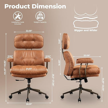 ovios Home Office Chair, Mid-Century Modern Faux PU Leather Chairs with Lumbar Support Comfy Thick Cushion, High Back Ergonomic Swivel Rolling Executive Armchair (Brown, Suede Leather)