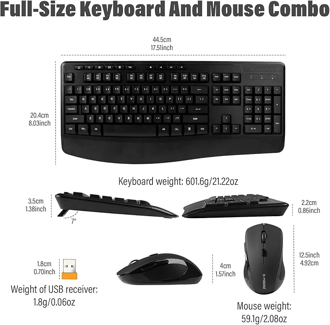 E-YOOSO Wireless Quiet Ergonomic Keyboard and Mouse Combo with Wrist Rest,Keycap Silent Design 90% Less Noise,2.4GHz 104 Keys Full Size,2400 DPI Mouse,for PC Computer/Laptop/Mac/Tablet,Black