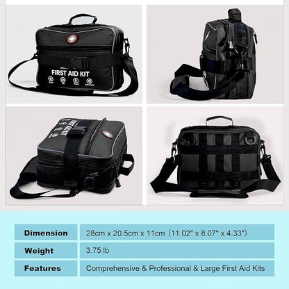 Professional 435 Pieces Large First Aid Kit - Includes Compressed Gauze - Compartments Emergency Medical Kit for Home, Camping, Backpacking, Travel, Boat, Car,Outdoors (Black)
