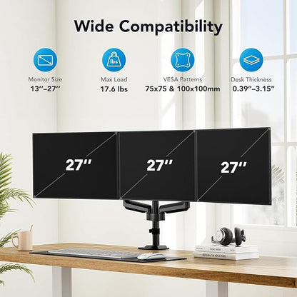 HUANUO Triple Monitor Mount for 13-27 inch Computer Screens, 3 Monitor Desk Mount with Arm Holds 17.6lbs, Triple Monitors Stand with Tilt, Swivel, Rotation, VESA 75x75, 100x100mm