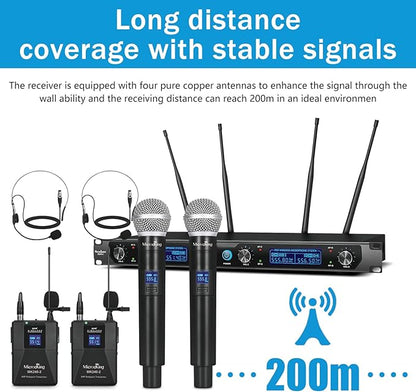 MicrocKing Wireless Microphone System, UHF Cordless Mic Set with 2 Handheld Mics/2 Lavalier Bodypacks, Metal Build, Fixed Frequency, Long Range, Ideal for Karaoke/Party/Wedding/Concert