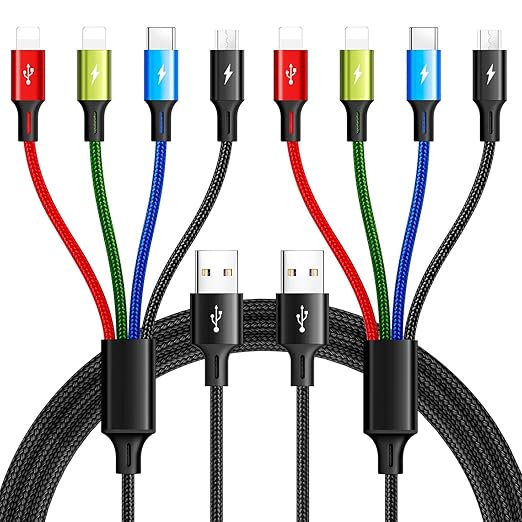 Multi Charging Cable 3.5A Multiple Charger Cable Braided 4 in 1 Multi USB Cable Fast Charging Cord with IP/Type C/Micro Ports for Cell Phones/iPhone Series/Tablets/Samsung Galaxy & More (2Pack 4Ft)