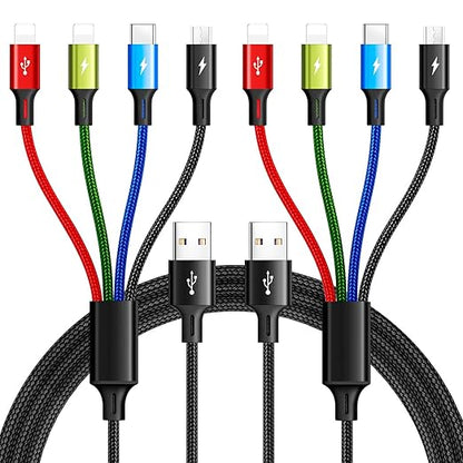 Multi Charging Cable 3.5A Multiple Charger Cable Braided 4 in 1 Multi USB Cable Fast Charging Cord with IP/Type C/Micro Ports for Cell Phones/iPhone Series/Tablets/Samsung Galaxy & More (2Pack 4Ft)