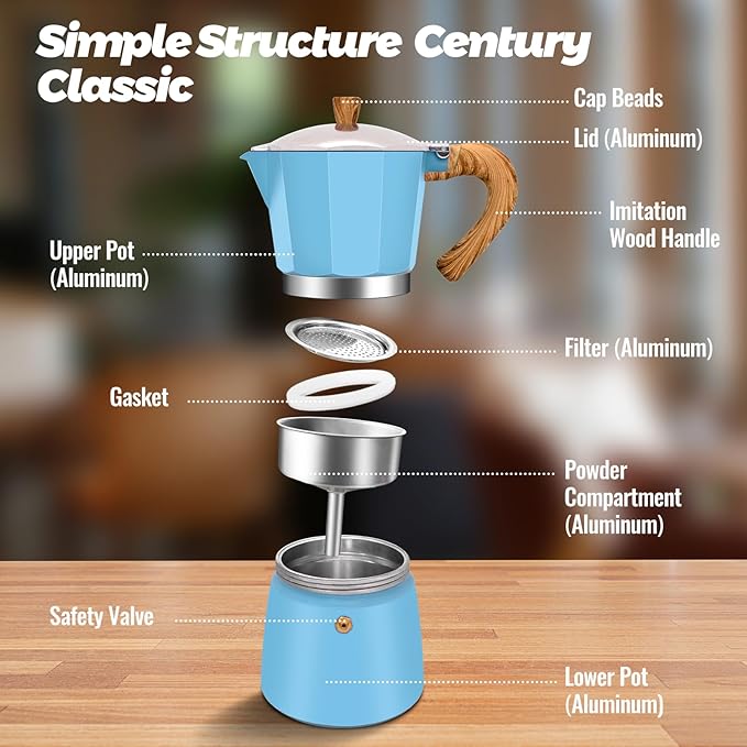 6 Cup Aluminum Moka Pot Classic Stovetop Espresso Coffee Maker 300ml 10oz Coffeemaker Percolator Mocha Pot Greca Coffee Maker Cafe Makers for Italian and Cuban Café Brewing Blue