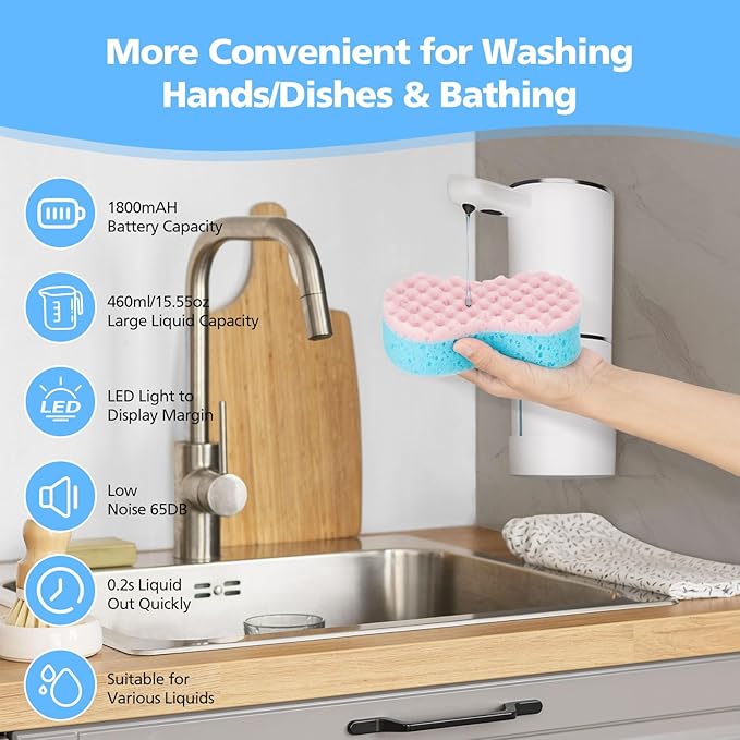 Automatic Soap Dispenser Touchless, 15.55 oz/460mL USB C Rechargeable Hand Sanitizer Dispenser with Auto Clean, 5 Adjust Volume,°C&℉ Display, Waterproof Pump for Bathroom Kitchen (White-Liquid)