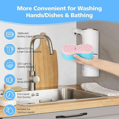 Automatic Soap Dispenser Touchless, 15.55 oz/460mL USB C Rechargeable Hand Sanitizer Dispenser with Auto Clean, 5 Adjust Volume,°C&℉ Display, Waterproof Pump for Bathroom Kitchen (White-Liquid)