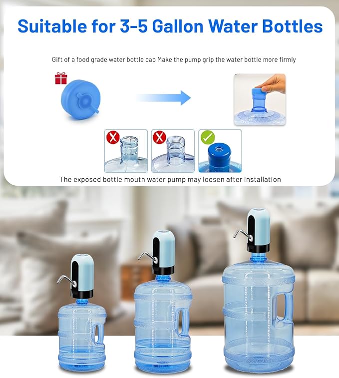 Myvision Water Dispenser for 5 Gallon Bottle, Portable USB Charging Electric Water Pump, Drinking Water Jug Pump for Home, Kitchen, Living Room, Office, Camping, Universal for 3-5 Gallon (Blue)