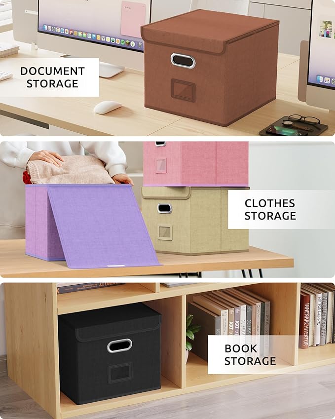 Oterri 2 Pack File Organizer Box,File Box,Small File Cabinet for Letter Folders,Reddish Brown Portable Filing Box,Hanging File Folder Organizer with Lid for Office/Decor/Home- without Folders