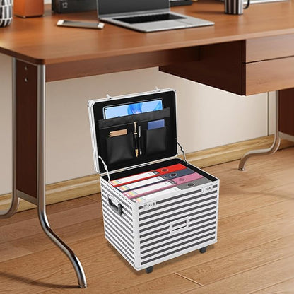 Mobile Business Case, Locking Mobile Storage File Box with Telescopic Handle, Rolling File Box Metal, 19.2 x 15 x 16 Inches, Portable Files Storage Organizer for Office Home School (Striped Pattern)