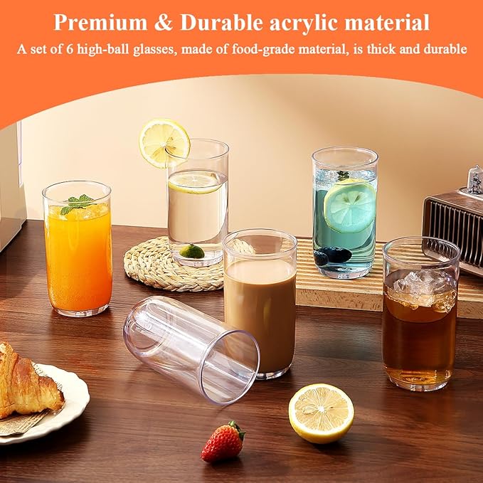 HOMQUEN 14oz Highball Glasses, 6pcs Drinking Glasses, PET Clear Plastic Water Glasses, Beer Glasses, Iced Coffee Glasses, Ideal for Cocktail, Whiskey, Soda, Tea, Water, Gift