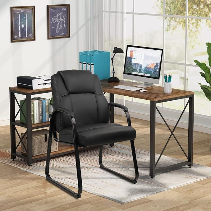 CLATINA Ergonomic Black Guest Chair with Arms - Office Reception & Conference Seating, PU Leather Meeting Chairs with Sled Base for Waiting Rooms & Home Offices