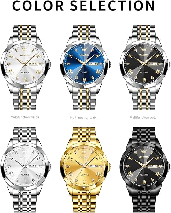 Men's Casual Stainless Steel Watch, Big Face Easy to Read Analog Quartz Watch with Day and Date, Classic Waterproof Diamond Roman Arabic Numerals Dial Dress Watch for Men, Gold Silver Black Band