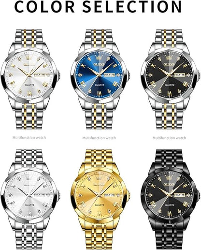 Men's Casual Stainless Steel Watch, Big Face Easy to Read Analog Quartz Watch with Day and Date, Classic Waterproof Diamond Roman Arabic Numerals Dial Dress Watch for Men, Gold Silver Black Band