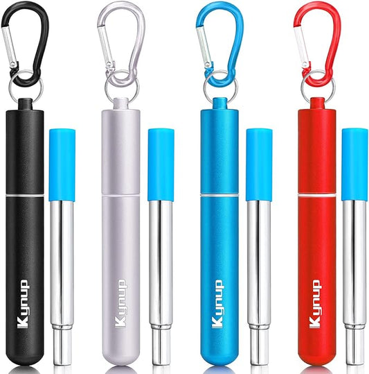 Kynup 4Packs Reusable Straws, Metal Straw with Silicon, Travel Drinking Straws with Case, Keychain, Cleaning Brushes, Silicon Pcs Perfect for Travel, Gifts (20 PCS) Blue-Black-Red-Silver