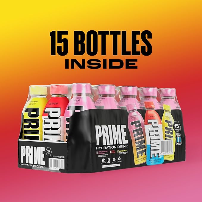 PRIME HYDRATION Variety - ICE POP, Strawberry Banana, Lemonade, Sports Drinks, Electrolyte Enhanced for Ultimate Hydration, 250mg BCAAs, B Vitamins, Antioxidants, Low Sugar, 12 Fl Oz, 15 Pack