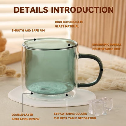 Double Wall Insulated Glass Tea Cups Set of 4, Clear Borosilicate Espresso Shot Cups for Espresso Machine, Glass Teacups Coffee Mugs with Handle for Cappuccino Latte, Green, 10OZ/280ML