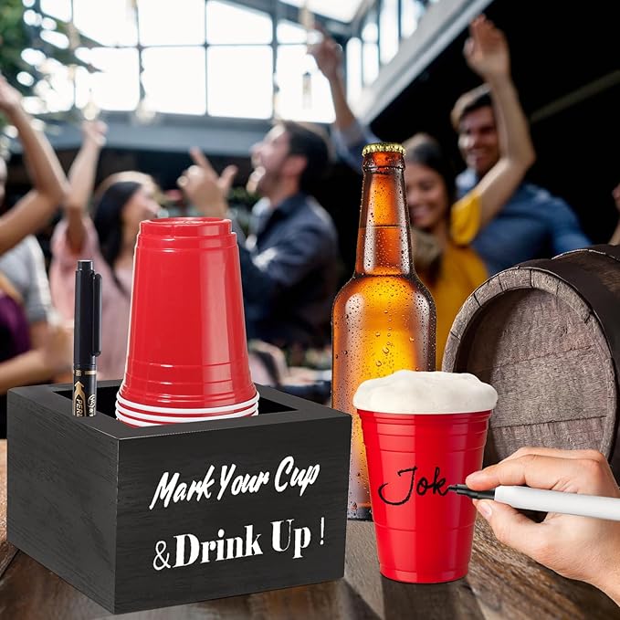 Wooden Cup Holder - Party Cup Holder with Marker Slot, for Party and Wedding, Rustic Disposable for Bar, Kitchen, Countertop, Home & Office, Black