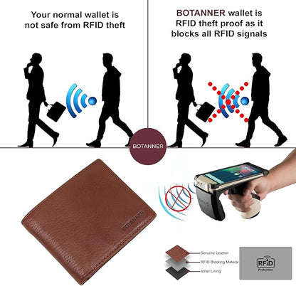 Mens Leather Bifold Wallet RFID Blocking, 8 Credit Card Slots, 2 Sections for Notes & 2 Additional Slots | Choco