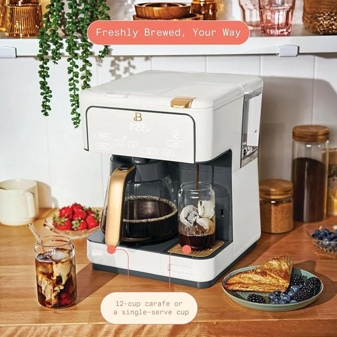 Beautiful Multi-Brew Coffee Maker – 12-Cup Carafe & Single-Serve Pod or Grounds, Iced Coffee Mode, Programmable Touch Display, Includes Filters (White Icing)