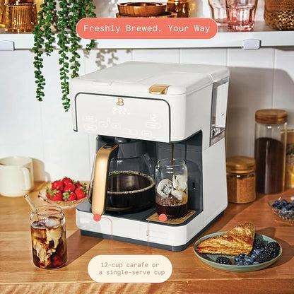 Beautiful Multi-Brew Coffee Maker – 12-Cup Carafe & Single-Serve Pod or Grounds, Iced Coffee Mode, Programmable Touch Display, Includes Filters (White Icing)
