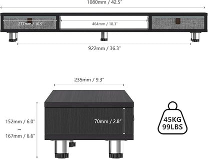 Fenge Dual Monitor Stand with 2 Drawers, 42.5 Inches Large Computer Riser for Desk, Adjustable Height Desk Shelf with Storage for Laptop, PC, TV, Printer