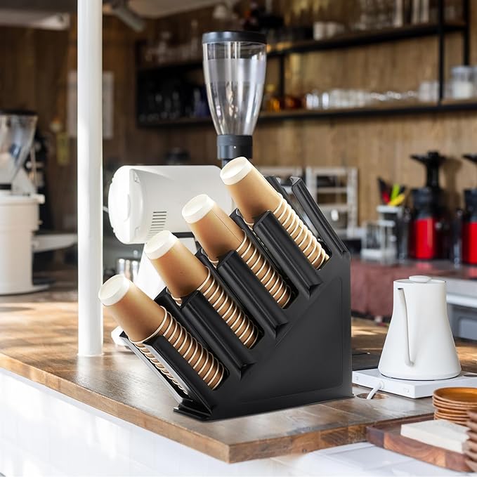CURTA Paper Cup and Lid Holder, Disposable Paper Cup Dispenser 4 Compartment Coffee Cup and Lid Storage Organizer Holder for Countertop Coffee Station Bar Restaurant Breakroom