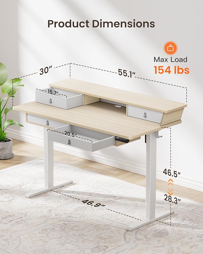ErGear Electric Standing Desk with 4 Drawers, 55" x 30" Height Adjustable Desk with Storage, C-Clamp Mount Compatible, Computer Home Office Table with Cable Management Tray, Natural