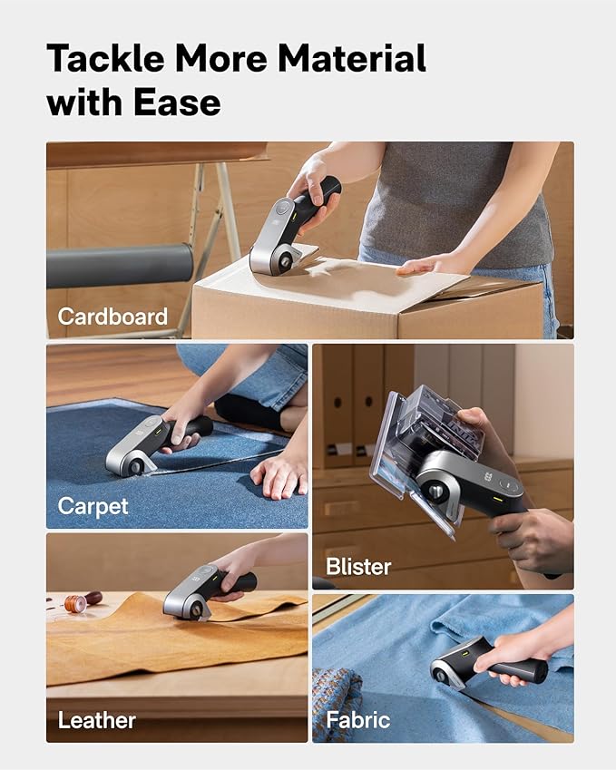 HOTO EdgeFlow Cordless Electric Scissors, Titanium Blade & LED Display, Rechargeable Cardboard Box Cutter, Self-Sharpening & Tool-Free Easy-Swap, Safety Lock, for Cardboard, Carpet, Leather, Crafting