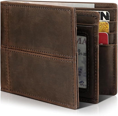 Mens Wallet Bifold Genuine Leather RFID Blocking Wallet for Men with 1 ID Window 13 Card Holders 2 cash pockets 1 Gift Box