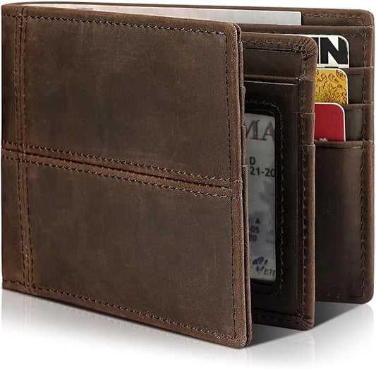 Mens Wallet Bifold Genuine Leather RFID Blocking Wallet for Men with 1 ID Window 13 Card Holders 2 cash pockets 1 Gift Box