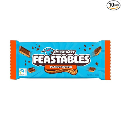 Feastables MrBeast Peanut Butter Milk Chocolate Chocolate Bar, King Size Candy Bar for Adults & Kids, Candy Bars for Snacks, Gifts, & Dessert, Sweet & Creamy Fairtrade Cocoa, 2.1 Oz Each, 10 Count