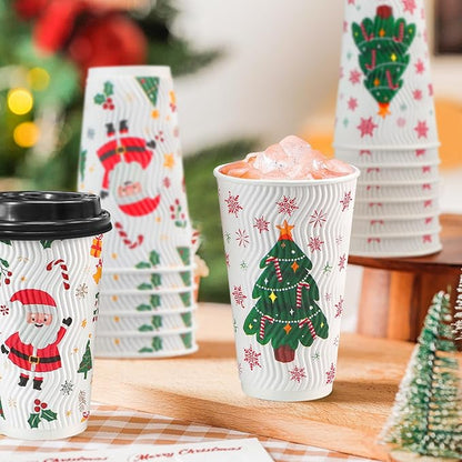 Lamosi 50 Pack - 16 oz Christmas Coffee Cups with Lids, Insulated Disposable To Go Paper Coffee Cups, Corrugated Ripple Wall Cup for Hot Drink